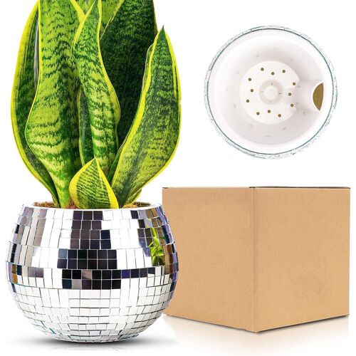 Ulteronixshop-Disco Boule Facette Pot de Fleur,Boule Disco Plante Pot,Auto Arrosage Disco Jardiniere,Cache Pot Boule Disco,Vase Disco,Argenté Mosaique Miroir Plastique Disco Decor pour Fête,Bureau,Cu