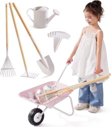 Ulteronixshop-Ensemble d'outils de jardin pour enfants en métal & outils de plantation, set de jardin grand format 5 pièces vert olive avec manche en bois de pin réglable, arrosoir, râteau, pelle, po