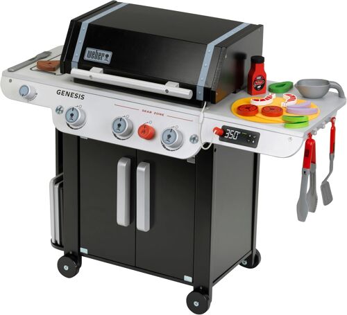 Ulteronixshop-9445 Barbecue Weber Genesis en Bois,nserts pour Steak, Pizza ou légumes,ncluses, avec Aliments factices et ustensiles de Barbecue, Jouets pour Enfants à partir de 3 Ans