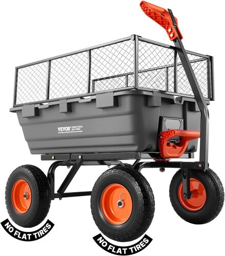 Ulteronixshop-Chariot de Jardin Basculant Max. 544 kg Chariot à Benne Basculante PP pour Transport de Bois Plantes Terre, Ridelles Amovibles, Poignée 2-en-1 Tractable, 4 Roues Increvables, Basculemen