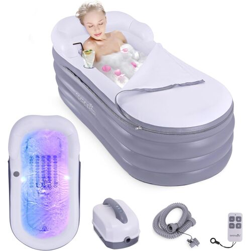 SUBZONAL-Baignoire de Spa avec Tapis de Massage à Bulles, Baignoire Gonflable avec Coussin, Porte-Gobelet, Télécommande pour Éclairage LED, Dossier et Accoudoirs, Convient jusqu'à 86 kg