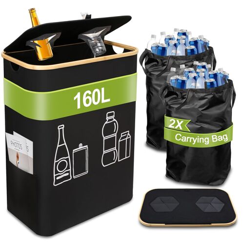 Ulteronixshop-160L Poubelle Recyclage, 2 Compartiments Poubelle Tri Selectif avec 2 Sac de Transport, Collecteur de Bouteilles avec Couvercle Pour Plastique, Bouteilles Verre, Poubelle de Tri pour Cu