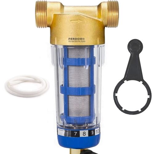 Ulteronixshop-FERDOM FD246. Pré-filtre, Sédiments Spin-Down. Max 4 m3/h. Connexions 3/4"" et 1"" (DN20 / DN25), Maille Inox 40-60 m, 90 cm2, Réutilisable, Grattoir Intégré. Tête en Laiton, Corps Transp