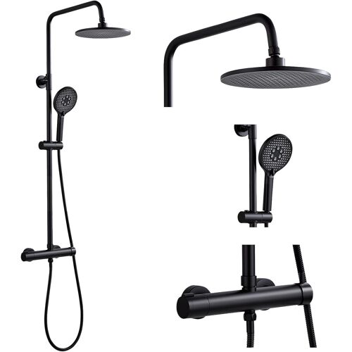 SUBZONAL-Colonne de Douche avec Mitigeur Noir, Rond Ensemble de Douche sans Thermostat, Réglable en Hauteur 80-117cm, Système de Douche Set Laiton avec 23 cm Tête de Douche, Douchette 3 Types de Jets