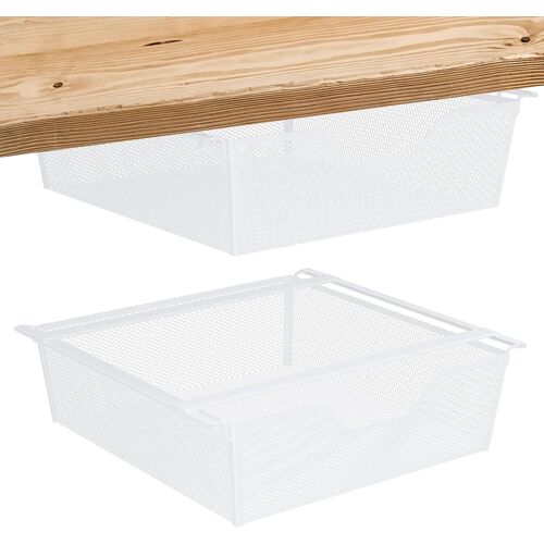 Ulteronixshop-Lot de 2 Panier Suspendu Etagere, Tiroir sous Le Bureau .Sous armoire Tiroir suspendu, maille métallique Panier de rangement Organisateur pour cuisine, bureau, penderies, Blanc