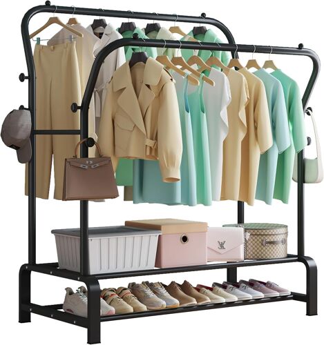 Ulteronixshop-Portant à vêtements, Portant à vêtements autoportant à double barres pour chambre à coucher, Portant à vêtements multifonctionnel, Tringle à vêtements stable avec 8 crochets et 2 étagèr