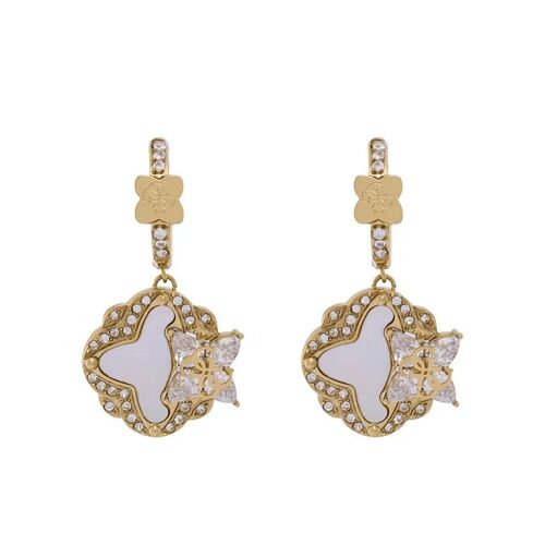 Boucles D'oreilles Femme Guess Jube05583jwygt-U En Acier Doré - Design Trèfle Avec Émail Blanc, Cristaux Et Logo 4g