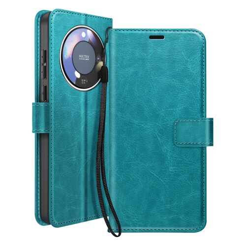 Étui Portefeuille pour Honor Magic 8 Lite avec Dragonne et Fonction Stand Mayaxess Turquoise