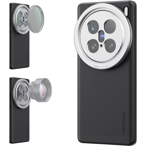 NEEWER X200 Pro Coque, compatible avec VIVO X200 Pro, coque protection robuste en TPU et PC, similicuir,montures d'objectif 17mm&adaptateur de filtre 67mm pour chargement sans fil, PA114 noir+argent