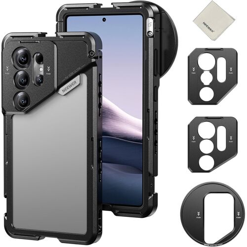 NEEWER S25 Ultra Cage pour Téléphone,Stabilisateur Vidéo avec Adaptateur de Filtre 67mm,Plaque Arrière Objectif 17mm,Monture en T Compatible avec Samsung Galaxy S25 Ultra,1xChiffon de Nettoyage,PA082