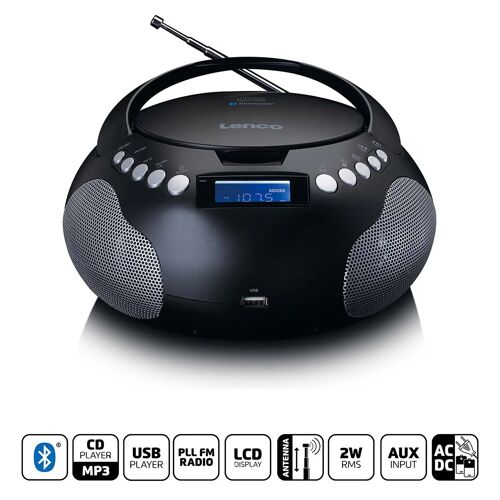 Lenco SCD-331BK - Radio et lecteur CD/MP3 portable avec USB et Bluetooth - Radio alimentée par batterie ou par secteur - Euro / Type-C (CEE 7/16)