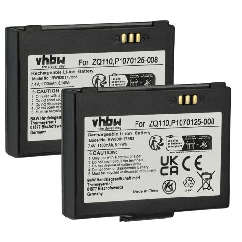 vhbw 2x Batterie compatible avec Zebra ZQ110, ZQ220, ZR128 scanner de code-barre POS (1100mAh, 7,4V, Li-ion)