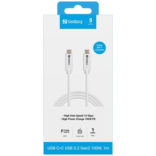 Sandberg 136-53 câble USB USB 3.2 Gen 2 (3.1 Gen 2) 1 m USB C 10 Gbit/s 100 W Blanc