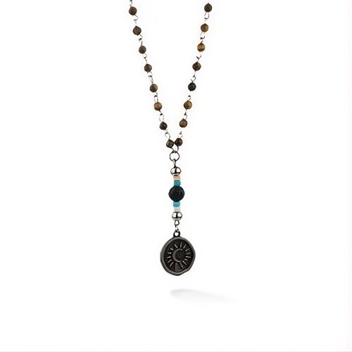 Collier Femme Radiant Rh000124 En Acier Et Perles Marrons - Pendentif Médaille Soleil
