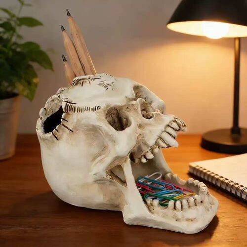 Skeleton bones Pen Holder for Desk, Resin Skull Pencil Cup with Teeth, Halloween Decorative Stationery Organizer for Office Home, Spooky Desktop Storage for Pens, Paper Clips &amp; Accessories