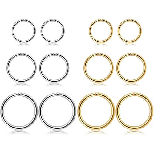 (A: Ton Argent Et Ton Or) 12pcs 16g En Acier Inoxydable Amélioré Anneaux De Nez De Segment De Clicker À Charnière Hoop Helix Cartilage Daith Tragus Sleeper Boucles D'oreilles 8-12mm