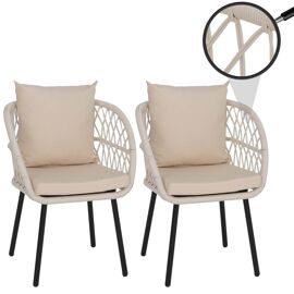 Lot De 2 Chaises De Jardin Hwc-Q38, Fauteuils De Jardin Avec Accoudoirs, Structure En Aluminium Tressé Rope   Structure Noire, Rembourrage Crème
