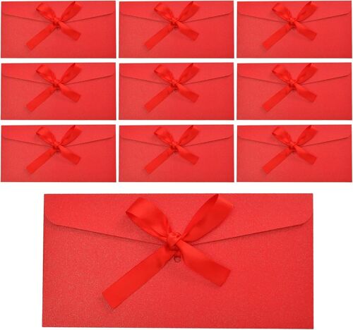 KALANKA-10 Pcs Enveloppes avec Ruban, Rouge Vif Enveloppe Cadeau, Papier Kraft Enveloppe, Enveloppes en Papier Les Cartes Cadeaux, 11 * 22cm, pour Anniversaire Noël, Invitations Mariage (Rouge Vif)