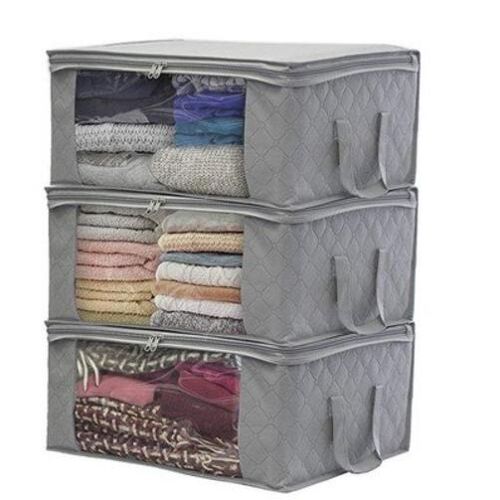 Boîte de rangement 3 pièces pour couette, sac de rangement pour vêtements pliable non tissé anti-poussière, aide à économiser de l'espace dans le placard, grand sac de rangement pour jouets | Sacs de rangement pliables (gris)