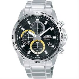 Montre Homme Lorus Rm351jx9 Chronographe En Acier - Cadran Noir Avec Détails Jaunes