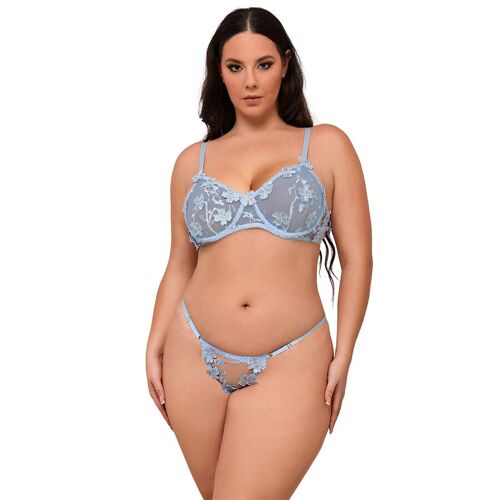 Subblime - 957636 Ensemble Soutien-Gorge Et Culotte Brodés Fleurs Bleu Ciel L/Xl