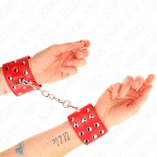 Kink - Appareils De Retenue Poignets Avec Fermeture Pression Pleine De Rivets Rouge Ajustable 19-24 Cm X 5,5 Cm