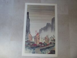 Lithographie Signée R.E.Russel 1967 Jonque Chinoise