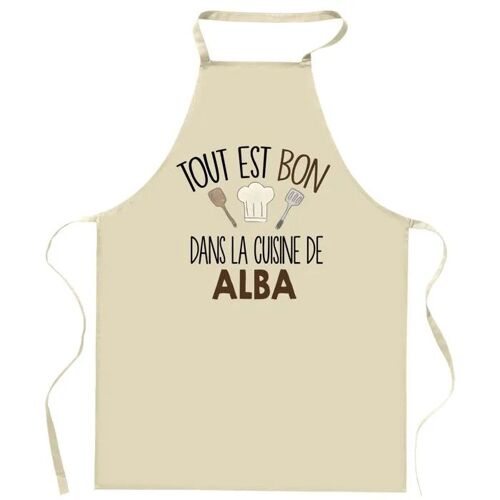 Planetee Tablier Tout Est Bon Dans La Cuisine De Alba | Cadeau Original Prénom Pour Cuisinière | Vêtement Blouse Protection