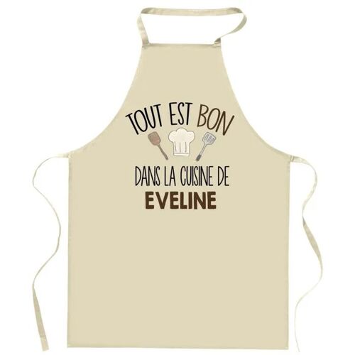 Planetee Tablier Tout Est Bon Dans La Cuisine De Eveline | Cadeau Original Prénom Pour Cuisinière | Vêtement Blouse Protection