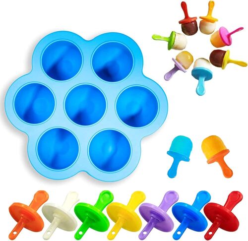 Mini Moule À Glace En Silicone Pour Enfants Avec 7 Compartiments (Bleu), Moule À Glace Pour Bébé Avec Bâtonnets Colorés, Broyeur À Dents Pour Enfants Et Boîte À Glace Antiadhésive Réutilisable