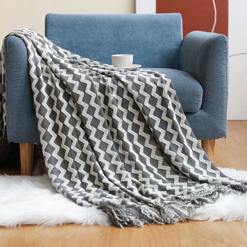 Couverture Tricotée En Acrylique, Couverture Décorative Légère Et Douce Avec Pompons, Adaptée Au Canapé De Voyage, Au Lit, Au Canapé, 51 X 67 Pouces, Gris