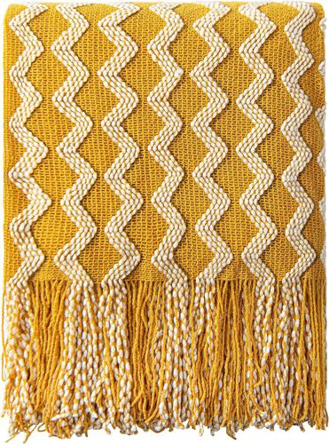 Couverture En Tricot Acrylique, Couverture Décorative Légère Et Douce, Avec Pompons, Convient Pour Les Voyages, Le Canapé, Le Lit, Le Canapé, 51 X 67 Pouces, Vague Jaune Moutarde