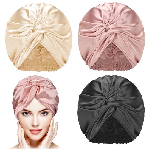 Lot De 3 Bonnets De Nuit En Soie Pour Femme - Bonnet De Nuit Élastique En Soie - Bonnet De Nuit Pour Cheveux Bouclés Naturels (Champagne, Noir, Or Rose) 