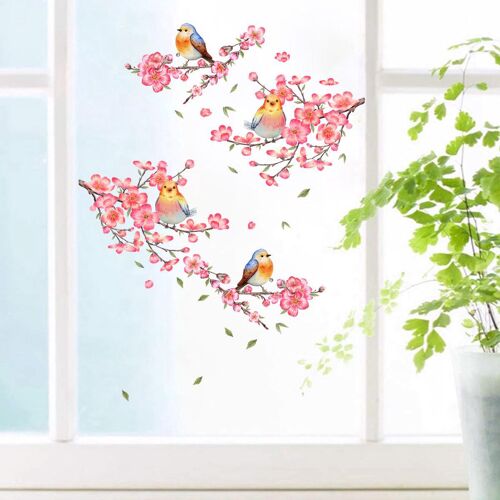 Autocollants muraux de branches, autocollants de fleurs de prunier pour fenêtre de chambre à coucher, autocollants muraux de fleurs de rose, autocollants muraux d'oiseaux de jardin, mur de feuilles de pêcher, décoration murale de salon, art TV