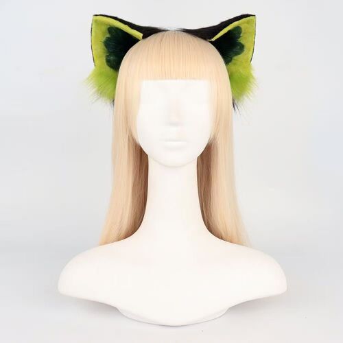 Cat Ears Cosplay Headband - Handmade Fur Animal Ears With Adjustable Shape, Green Black Furry Cat Ear Hairband For Anime Conventions, Halloween Cosplay &amp; Daily Wear