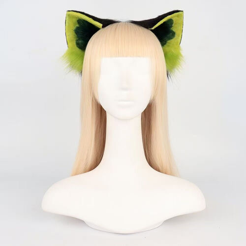 Cat Ears Cosplay Headband - Handmade Fur Animal Ears With Adjustable Shape, Green Black Furry Cat Ear Hairband For Anime Conventions, Halloween Cosplay & Daily Wear