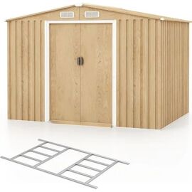 Costway Abri De Jardin En Métal Galvanisé 5m2 259x196x182 Cm-Base De Fondation-Portes Coulissantes,Rampe-Couleur Grain De Bois