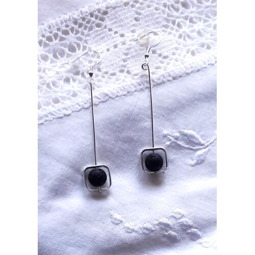 Boucles D'Oreilles Grèce Lave Noire Cr Argent 925 Neuves