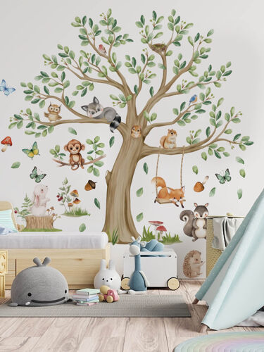 Stickers Muraux Animaux de la Jungle Arbre - Grand Autocollant Mural Enfant Ours Renard Décoration Murale Chambre Enfants Bébé Salon
