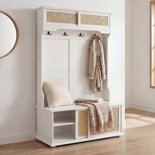 Porte-manteau HWC-P25, porte-manteau d'entrée en bois, mélaminé Kubu Rattan 163 x 100 x 47 cm   blanc