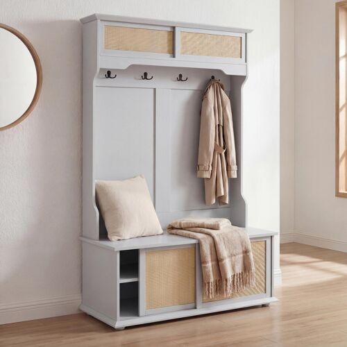 Porte-manteau HWC-P25, porte-manteau d'entrée en bois, mélaminé Kubu Rattan 163 x 100 x 47 cm   gris clair