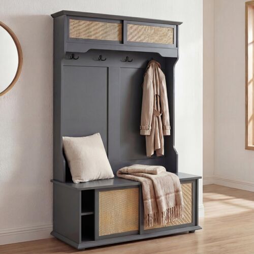 Porte-manteau HWC-P25, porte-manteau d'entrée en bois, mélaminé Kubu Rattan 163 x 100 x 47 cm   gris foncé