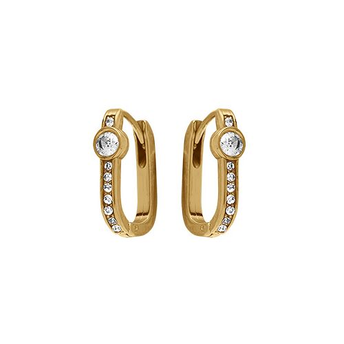Créoles Acier Dore Rectangulaire 10mm Oxydes Blancs Sertis Et 1 Oxyde Serti Clos