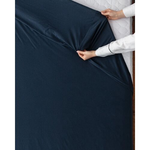 Drap De Lit Double Élastique 100% Coton Peigné - Bleu Marine