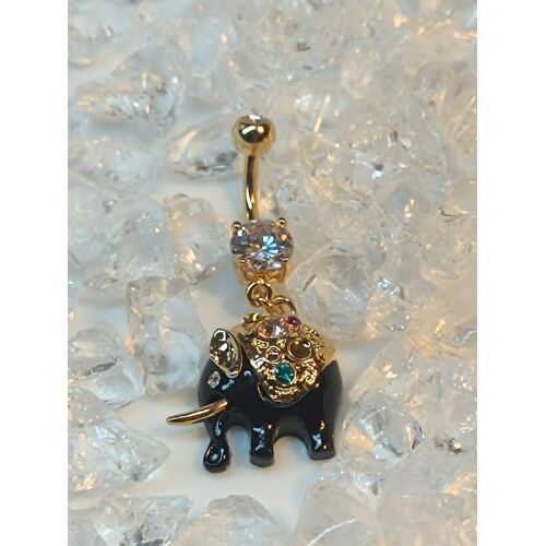 Piercing Nombril Éléphant Multi Strass Couleur Doré Noir Bijou Ventre Anneau Pendentif Yeux Corne