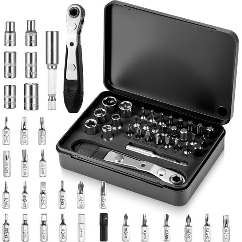 SUBZONAL-Tournevis a Cliquet Magnétique, Mini Kit Tournevis 32 en 1, Cle a Cliquet Mini Réversible à Cliquet 1/4 de Pouce, Coffret Cliquet avec Croix, Hexagonale, Torx, pour Meubles/Réparation/Électr