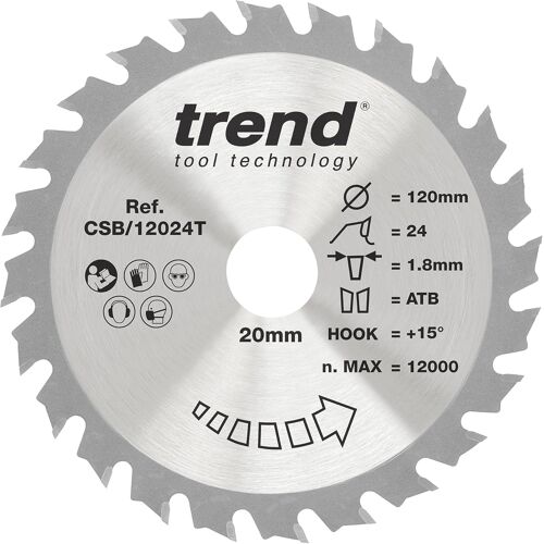 SUBZONAL-Trend Lame de Scie Circulaire Sans Fil pour Bois, Diamètre 120 mm, Alésage 20 mm, 24 Dents, Trait de Coupe 1,8 mm, Angle d'Attaque +15°, TCT, Finition Moyenne, CSB/12024T