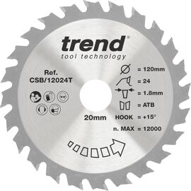 SUBZONAL-Trend Lame de Scie Circulaire Sans Fil pour Bois, Diamètre 120 mm, Alésage 20 mm, 24 Dents, Trait de Coupe 1,8 mm, Angle d'Attaque +15°, TCT, Finition Moyenne, CSB/12024T