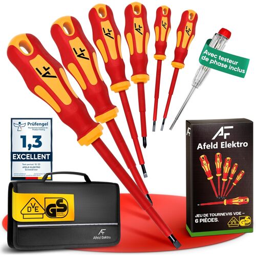SUBZONAL-Ensemble de Tournevis Électricien VDE Isolés 1000V ¿ 6 Pièces Magnétiques ¿ 4 Plats & 2 Cruciformes PH ¿ Acier S2 Professionnel ¿ Avec Testeur de Tension 250V et Trousse de Rangement