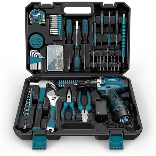 SUBZONAL-Caisse a Outil 206 Pcs, Visseuse Devisseuse Sans Fil 12V pour Serrer/Desserrer des vis, Malette Outils avec Perceuse-Visseuse pour Bureau, Réparation à Domicile avec Tournevis et Pinces, Ble